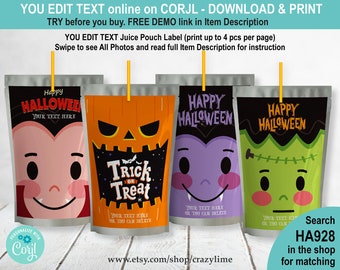 EDITABLE Halloween Juice Pouch Labels Set of 4 Bundle. Printable Juice Bag Sticker Template. Cute Monsters Character Vampire Pumpkin HA928