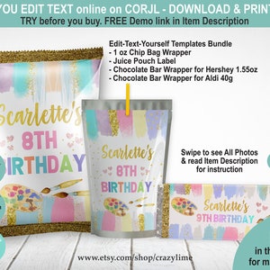 EDITABLE Pastel Art Painting Birthday Party Favors Bundle Set of 3 Templates. Chip Bag Chocolate Juice Treats Labels. Paint Brush Craft K011