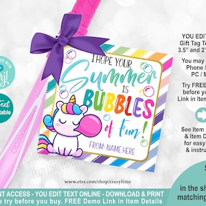 Unicorn Bubble Wand Gift Tag Editable Template. End Of School Year Bubble Gift Tag I hope your summer is bubbles of fun Label. Corjl S002