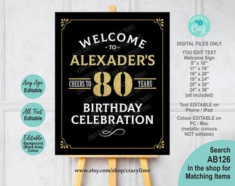 Cheers To 80 Years 80th Birthday Party Welcome Sign Editable Template. Classic Black & Gold Printable Digital File Centerpiece Decor AB126