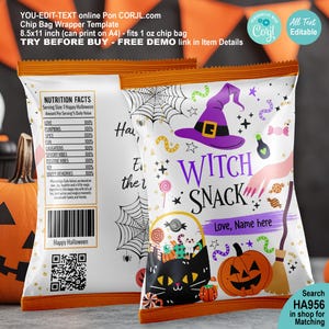 May include: Two white Halloween-themed chip bag wrappers with orange trim. One wrapper displays nutrition facts, a barcode, and the text "Happy Halloween." The other features a witch's hat, a black cat, a pumpkin, and the words "Witch Snack."