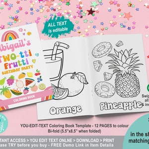 EDITABLE TWOtti Frutti Fruits Coloring Book. 8.5 x 11 inch (5.5 x 8.5 inch after folding) Girl 2nd Birthday Party Activity Booklet K033