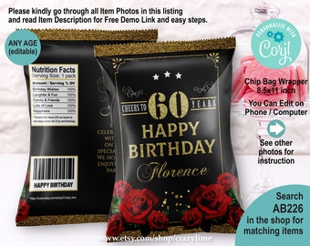 EDITABLE Woman 60th Birthday Chip Bag Wrapper. Red Rose Black Gold 60th Birthday Snack Bag Party Favor. Printable Crisp Packaging AB226