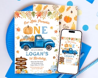 Pumpkin Blue Truck 1st Birthday Invitation | Little Pumpkin Turning ONE Fall Thanksgiving Party (Digital Download) F907