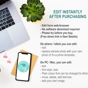 Peut inclure: Un ordinateur portable, un smartphone, une tasse de caf&eacute; et une plante succulente sont pos&eacute;s sur une surface blanche. Le smartphone affiche une maquette d'un logo personnalis&eacute; avec le texte "PERSONALIZE WITH Coryl". Le texte sur l'image indique "EDIT INSTANTLY AFTER PURCHASING" et liste les fonctionnalit&eacute;s d'&eacute;dition disponibles sur diff&eacute;rents appareils.
