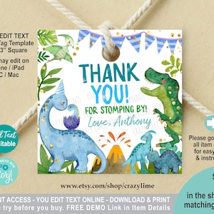 Dinosaur Party Favor Tag. Editable Thank You Gift Tag Label Template. 2 and 3 inch Square Printable Digital. Tropical Jungle Kid Decor K017