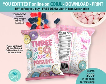 EDITABLE Donut 3 is so Sweet Fruit Candy Snack Wrapper Template. Pastel Girl 3rd Birthday Party Favor. Personalised Name Treat Label 2039