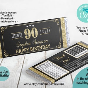 EDITABLE 90th Birthday Chocolate Candy Bar Wrapper Personalised Template. 1.55 oz Chocolate Man Adult Birthday Party Favor. AB126