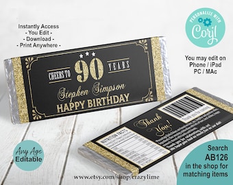 90th Birthday Chocolate Bar Wrapper, Editable Template (Digital Download)