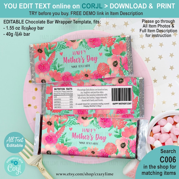 EDITABLE Happy Mother's Day Candy Bar Wrapper Template. Floral Party Favor Chocolate Bar Treat Label Printable. Personalised Name Text C006