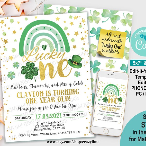 EDITABLE Lucky ONE First Birthday Invitation Template. Personalised Digital Boy 1st Birthday Invite. St Patrick's Day Instant Download STP99