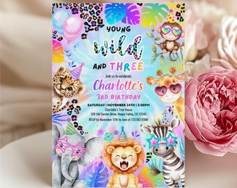 Safari Animals 3rd Birthday Invitation | Young Wild Three Girl Party Invite | Neon Pink Tropical (Digital Download) CK174