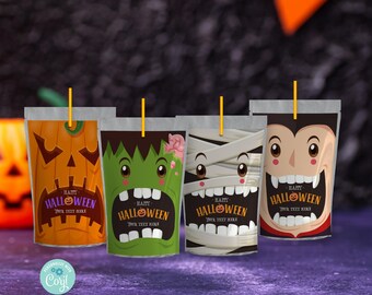 EDITABLE Halloween Juice Pouch Label. Cute Monsters Kid Costume Party Bag Sticker. Customised name Characters Printable Template DIY HA933