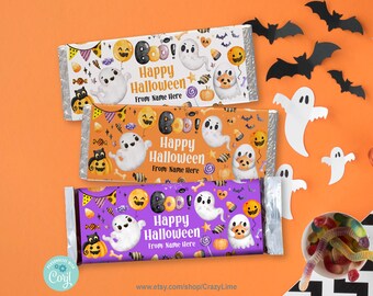 EDITABLE Happy Halloween Chocolate Candy Bar Wrapper. Cute Little Ghost Boo Kid Name Party Treat Label Printable Template Download HA936