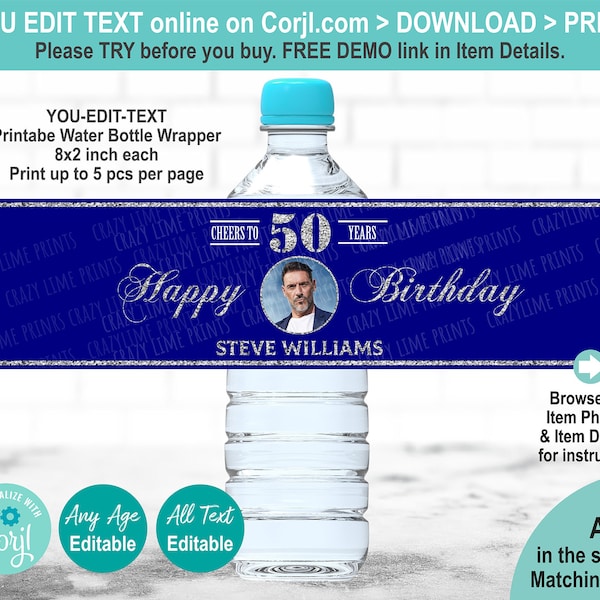 EDITABLE 50th Birthday Water Bottle Label Template. Printable Blue Silver Cheers to 50 Years Photo Party Favors Personalised Wrapper AB126
