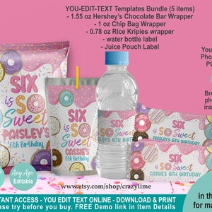EDITABLE Donut Sweet 6th Birthday Party Favors Bundle of 5 Templates. Printable Pink Girl Party Treat. Personalised Chip Bag Chocolate 2039