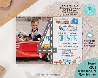 Transportation 4th Birthday Party Photo Invitation. Cars & Trucks Birthday Invite. Fourth Birthday Printable Digital Editable Template K006