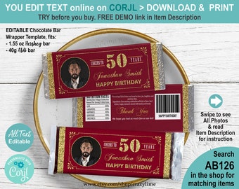EDITABLE 50th Birthday Chocolate Candy Bar Wrapper Personalised Template With Photo. Cheers to 50 Years Man Adult Party Favors Treat AB126