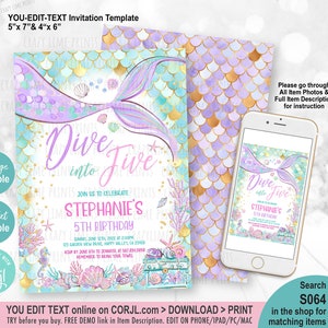 Editable Mermaid Dive Into Five 5th Birthday Invitation Purple Mint Gold Whimsical Mermaid Under The Sea 5th Birthday Instant Download S064