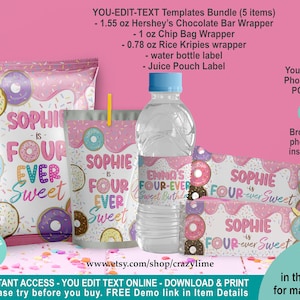 EDITABLE Donut 4th Birthday Party Favors Bundle of 5 Templates. Printable Pink Girl Party Treat. Personalised Chip Bag Chocolate 2039