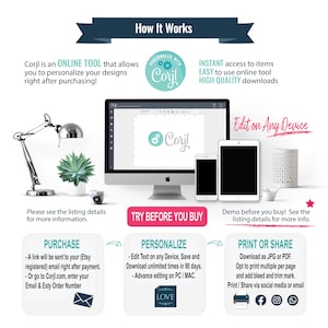 Puede incluir: C&oacute;mo funciona Corjl: una herramienta en l&iacute;nea que te permite personalizar tus dise&ntilde;os despu&eacute;s de comprarlos. La imagen muestra una pantalla de computadora con el logotipo de Corjl, una l&aacute;mpara, una planta y dos tel&eacute;fonos. El texto en la pantalla dice "Edit on Any Device". El texto debajo de la imagen dice "Try Before You Buy". La imagen tambi&eacute;n muestra tres pasos: Compra, Personaliza e Imprime o Comparte.