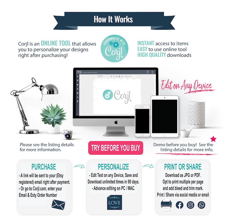 Puede incluir: C&oacute;mo funciona Corjl: una herramienta en l&iacute;nea que te permite personalizar tus dise&ntilde;os despu&eacute;s de comprarlos. La imagen muestra una pantalla de computadora con el logotipo de Corjl, una l&aacute;mpara, una planta y dos tel&eacute;fonos. El texto en la pantalla dice "Edit on Any Device". El texto debajo de la imagen dice "Try Before You Buy". La imagen tambi&eacute;n muestra tres pasos: Compra, Personaliza e Imprime o Comparte.