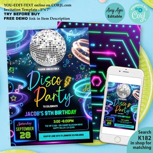 EDITABLE Disco Birthday Party Invitation Template. Boy Neon Glow Dance Party Invite. Glow Disco Party. Glow Dance Party Kid Blue Green K182