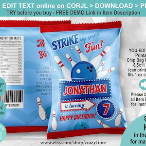 EDITABLE Boy Bowling Birthday Party Chip Bag Wrapper Template. Blue Personalised Name Kid Party Favors Crisp Treat Label Printable File K136