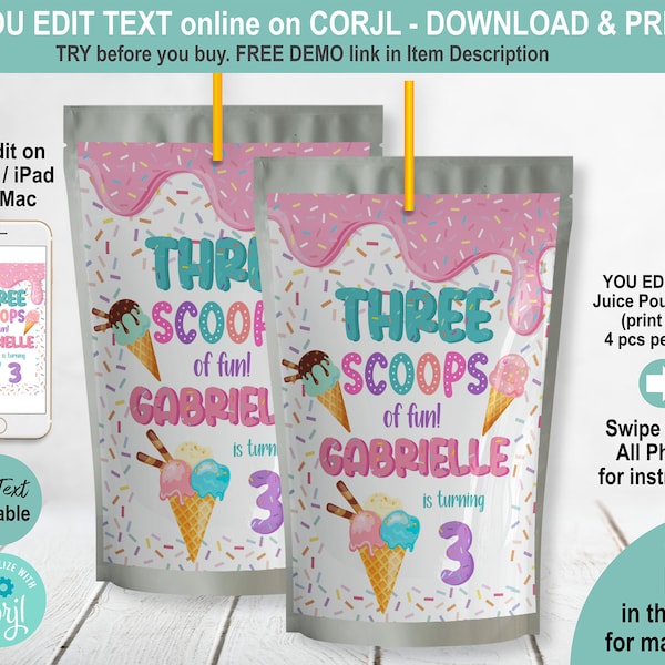 EDITABLE Icecream 3rd Birthday Juice Pouch Label. Printable Template. Girl 3 Scoops of Fun Party Favors Treat Goody Bag Sticker. Pink K037