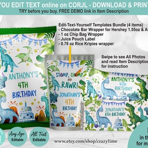EDITABLE Dinosaur Birthday Party Favors Bundle Set of 4 Templates. Printable Boy Kid Dino Treats Chip Bag Chocolate. Cute Trex Trex K017