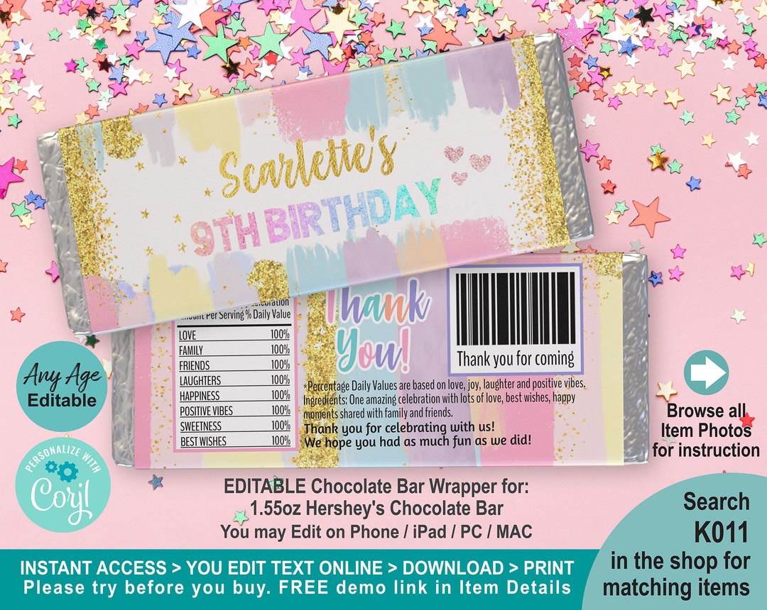 Pastel Art Party Birthday Chocolate Candy Bar Wrapper Printable ...