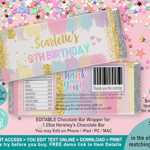Pastel Art Party Birthday Chocolate Candy Bar Wrapper Printable Editable Template. Personalised Rainbow Watercolor 1.55 oz Label Favor K011