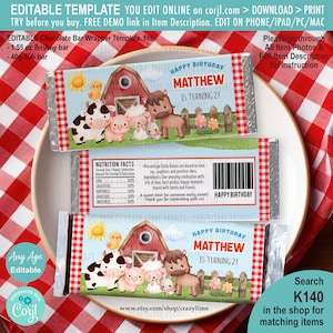 May include: A printable chocolate bar wrapper template featuring a farm scene with a red barn, a cow, a pig, a sheep, and a horse. The text "Happy Birthday Matthew is turning 2!" is on the wrapper. The wrapper is designed for a 1.55 oz Hershey bar or a 40g Aldi bar.