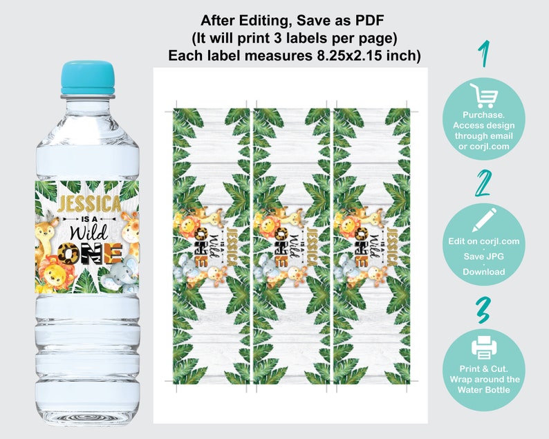 safari wild one water bottle label editable template