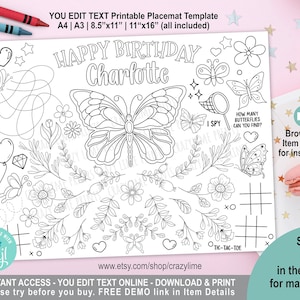 EDITABLE Butterfly Birthday Party Placemat. Personalised Coloring Game Activity Table Decoration for Girl. Printable Digital. Corjl K014