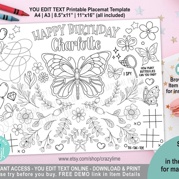 EDITABLE Butterfly Birthday Party Placemat. Personalised Coloring Game Activity Table Decoration for Girl. Printable Digital. Corjl K014