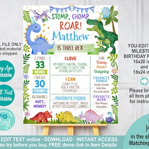 EDITABLE Dinosaur Birthday Milestone Poster Editable Template. Any Age, Three-rex Cute Dino Party Decoration Printable Digital File. K133