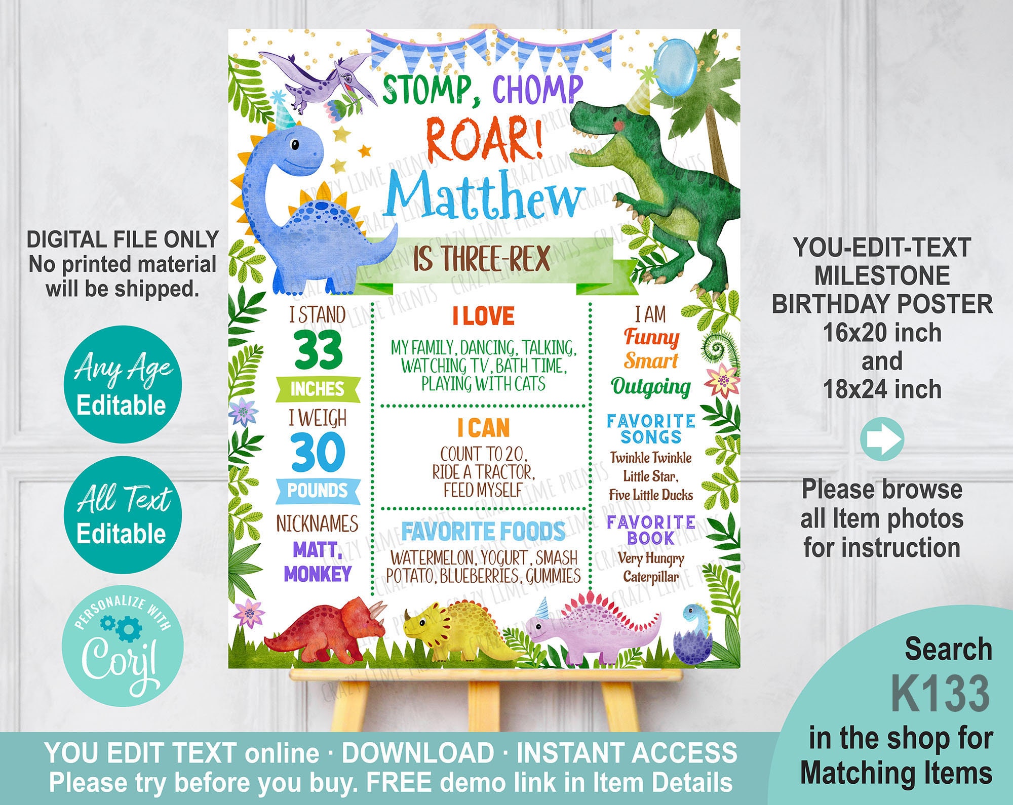 EDITABLE Dinosaur Birthday Milestone Poster Editable Template. Any Age, Three-rex Cute Dino Party Decoration Printable Digital File. K133