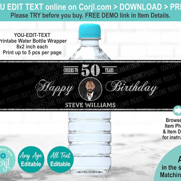 EDITABLE 50th Birthday Water Bottle Label Template. Printable Black Silver Cheers to 50 Years Photo Party Favors Personalised Wrapper AB126