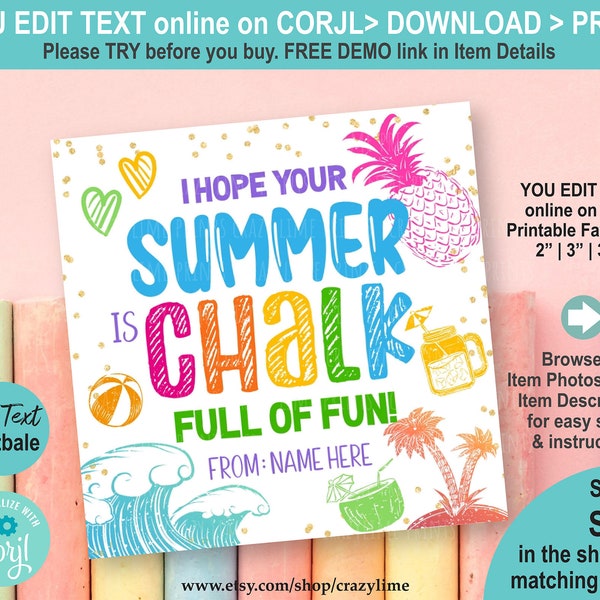 EDITABLE Chalk Full Of Fun Gift Tag. End of School Year Preschool Teacher Appreciation Summer Label. Kid School Colorful Printable Idea S029