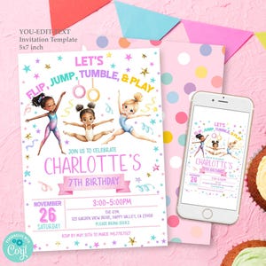 Gymnastics Birthday Invitation Gymnastics Party Invite Girl Party Editable template Pink Gold Trampoline Digital Printable Download K166