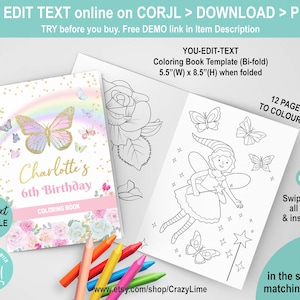 EDITABLE Butterfly Coloring Book. Girl Birthday Party Favor Booklet. Gift Goody Activity. Bifold 5.5x8.5 inch. Personalised on Corjl K014