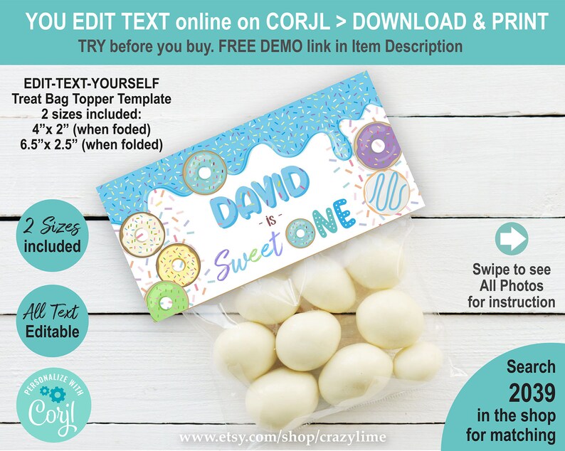 EDITABLE Donut Sweet One 1st Birthday Treat Bag Topper Template Printable Blue Party Favors Label Personalised Name Table