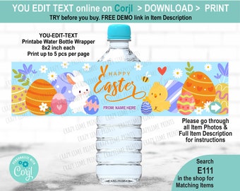 EDITABLE Easter Bunny & Chick Water Bottle Label Template. Printable Kid Children Party Favors Easter Egg Hunt Basket Personalised Name E111