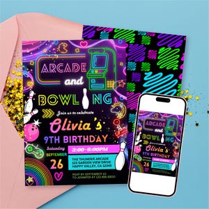 May include: A neon-themed arcade and bowling birthday invitation for Olivia's 9th birthday on September 26. The black card features colorful graphics of a game console, bowling pins, a ball, and a rainbow. A smartphone displays the same design.