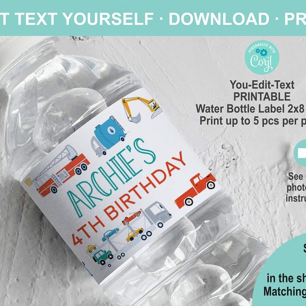 EDITABLE Transportation Birthday Water Bottle Label Template. Printable Cars and Trucks Boy Party Favor. Personalised Table Decor K006 K004