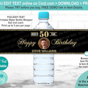 EDITABLE 50th Birthday Water Bottle Label Template. Printable Black ...