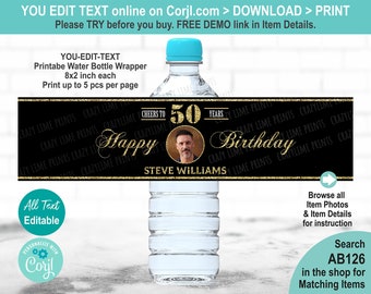 EDITABLE 50th Birthday Water Bottle Label Template. Printable Black Gold Cheers to 50 Years Photo Party Favors Personalised Wrapper AB126