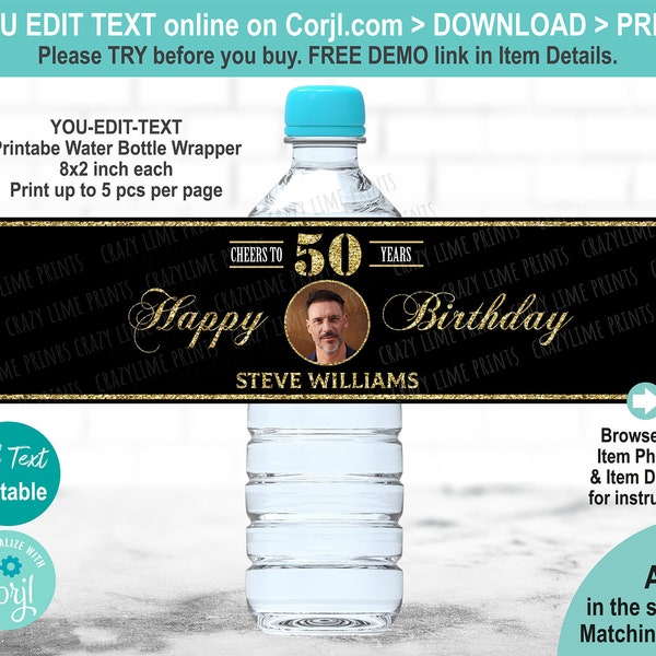 EDITABLE 50th Birthday Water Bottle Label Template. Printable Black Gold Cheers to 50 Years Photo Party Favors Personalised Wrapper AB126