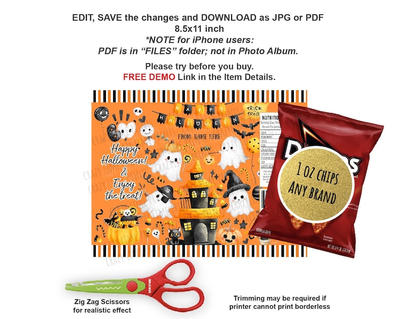 EDITABLE Halloween Chip Bag Wrapper Printable Template. Kid Cute Ghost